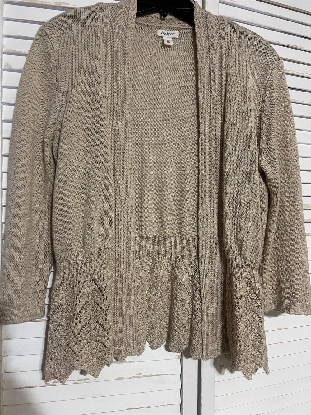 Westport Women's Open-Front Tan Cotton Lace-Hem Cardigan in Medium